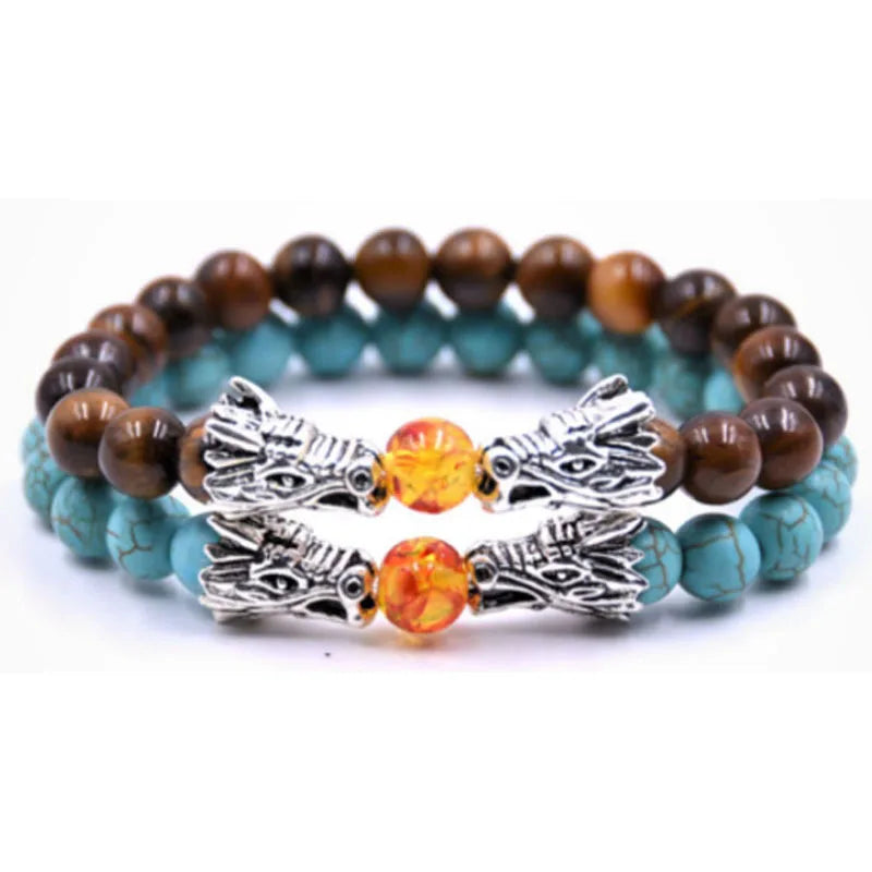 Diamond Agate Stone Beaded Pearl Bracelet 8mm Black Lava Volcanic Tiger Eye Dragon Design Gift