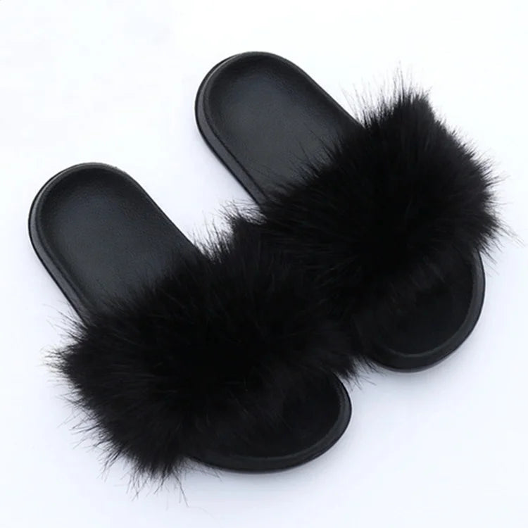 Hot Selling Luxury Fleece Cute  Sole Eco Friendly Faux Raccoon Fur Indoor Platform Sandals Slippers