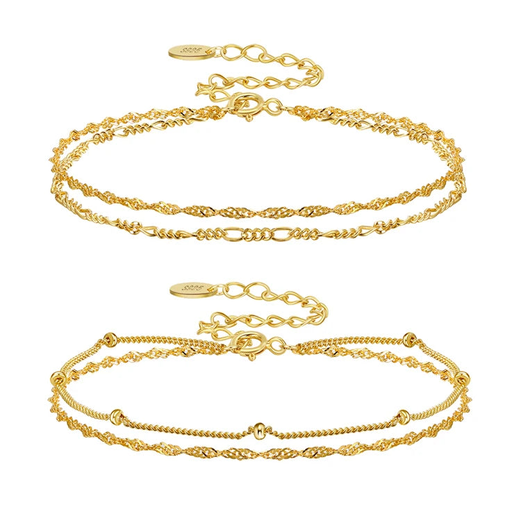 RINNTIN Handmade Dainty Double Layer Bracelet 925 Sterling Silver 14K Gold Plated Chain Adjustable Bracelet for Women Girls