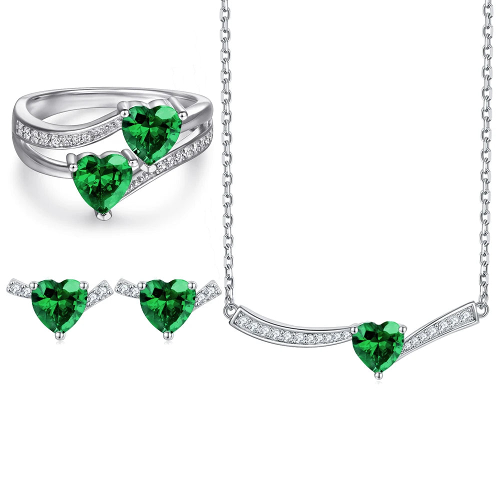 Jewelry Set Green Heart Double Zircon Sterling Silver Set