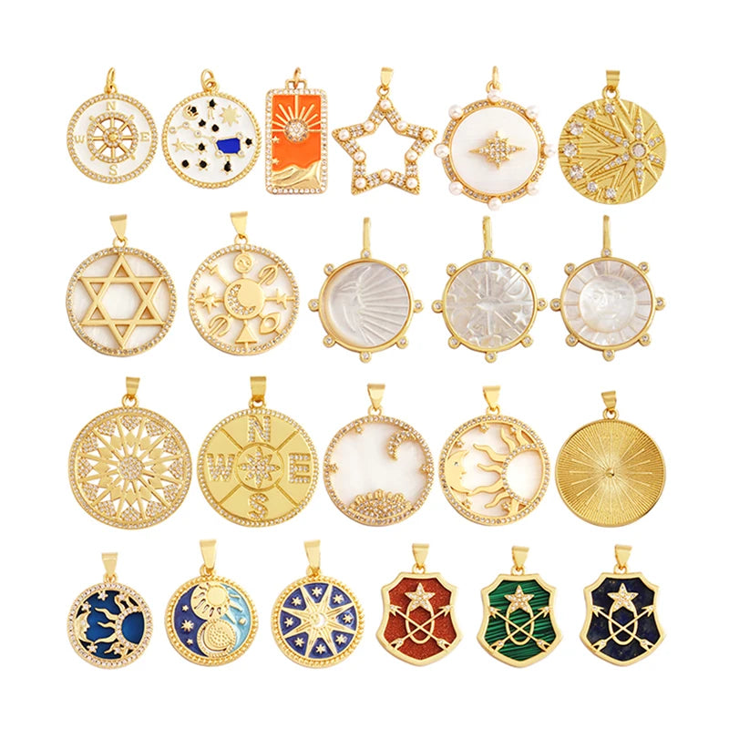 Compass Shining Sun Moon Star Shell Charm Pendant18K Plated Gold Inlaid Cubic Zirconia Jewelry Necklace Bracelet Supplies S45
