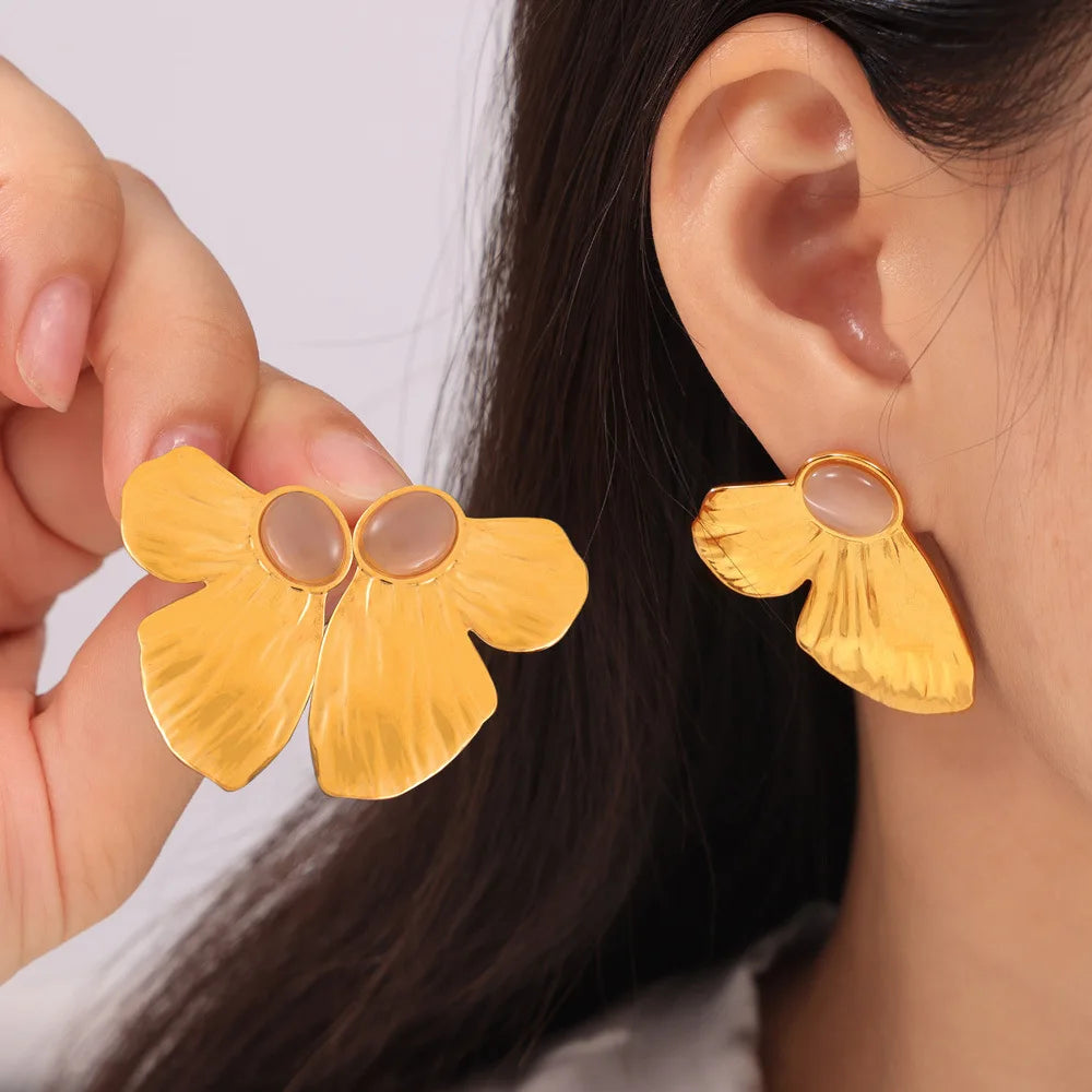 Customized Ins Style Titanium Steel 18K Gold Plating Inlaid Natural Opal Butterfly Studs Elegant Popular Hoop Earrings for Women
