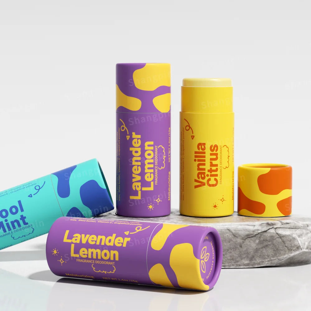 Custom Logo Exquisite Eco Friendly 0.3oz Round Colored Squeeze Lipstick Deodorant Container Push up Lip Balm Paper Tube