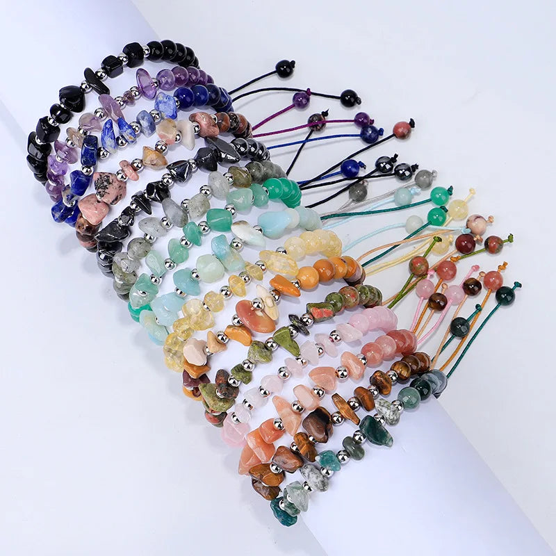 New Fashion Natural Stone Chips Natural Stone Tiger Eye Amethyst Stainless Steel Macrame Cord Adjustable Bracelet Women