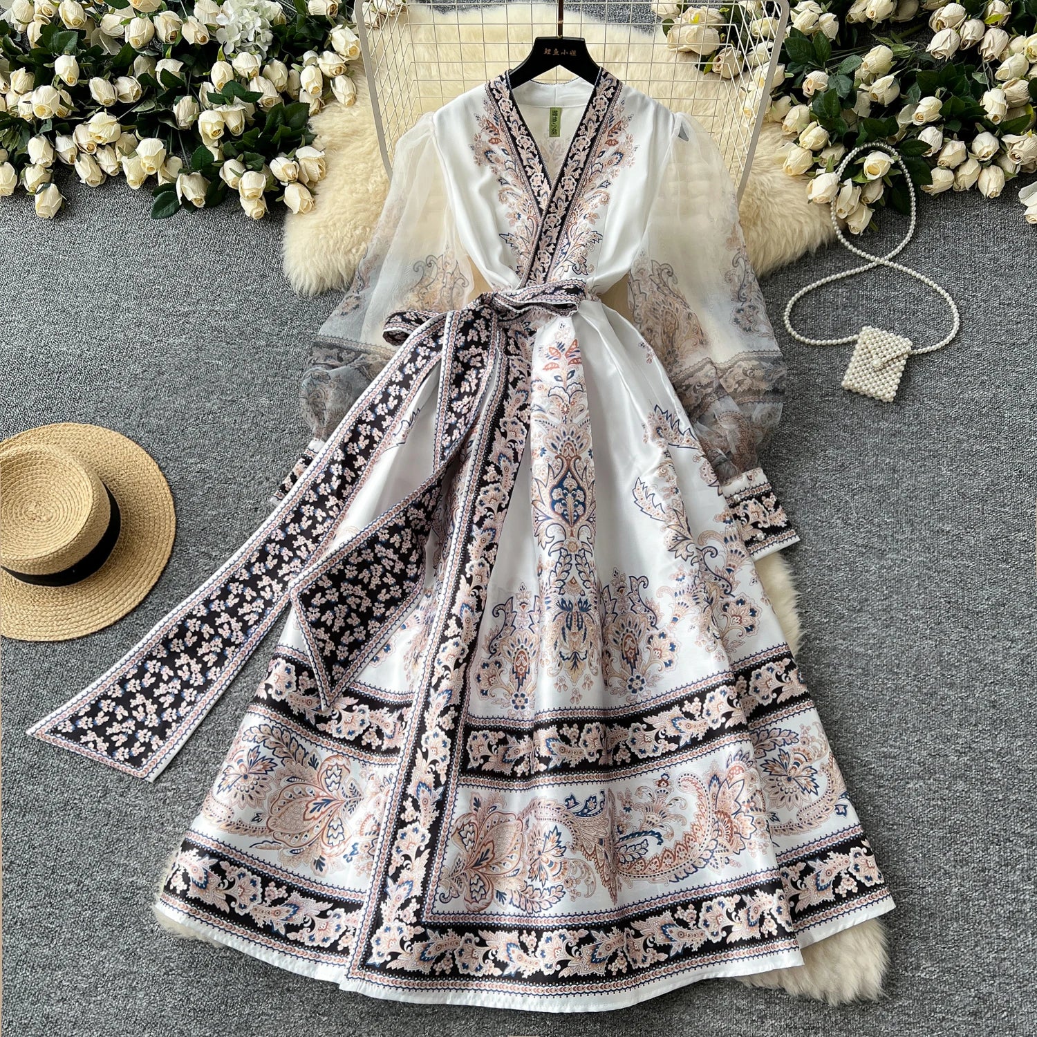 LW0867 Vintage Gauze Lantern Sleeve V-Neck Cross Strap Waist Big Swing Print Dress Woman 2025 New Women Plus Size Dress