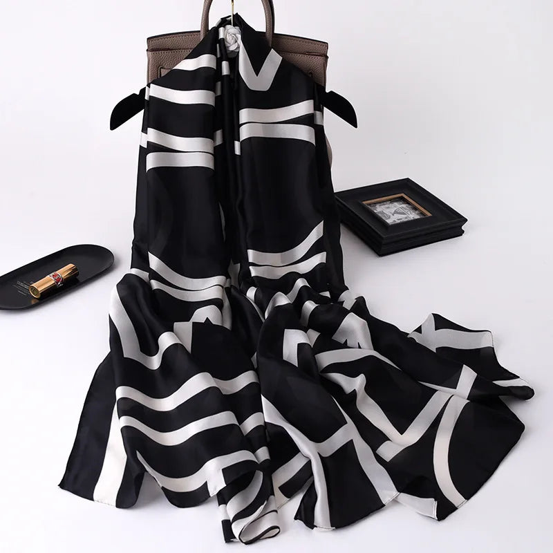 Manufacturing Ladies Long Large Stain Silk Shawls Luxury Designer Letter Print Head Scarf Hijab Women Long Silk Scarves Shawls