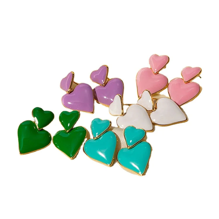H011 Wholesale Pendientes De Acero Inoxidable PVD 18K Gold Plated Bijouterie Double Heart Shape Drop Enamel Earrings for Women