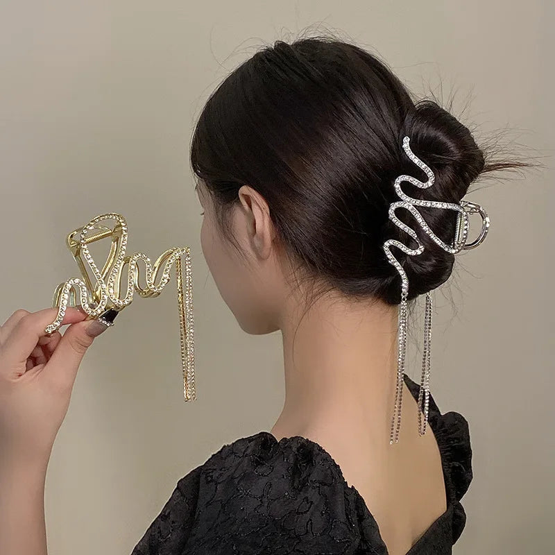 Elegant Zircon Bride Hair Claw Clip Alloy Metal Tassel Rhinestone Big Metal Hair Claw for Women