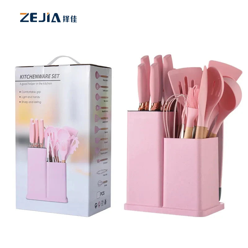 Non Stick Kitchen Utensils Tools 19pcs Set of Silica Gel With Wooden Handle and Cuttings Board Storage Bucket Kitchen Gadget Set