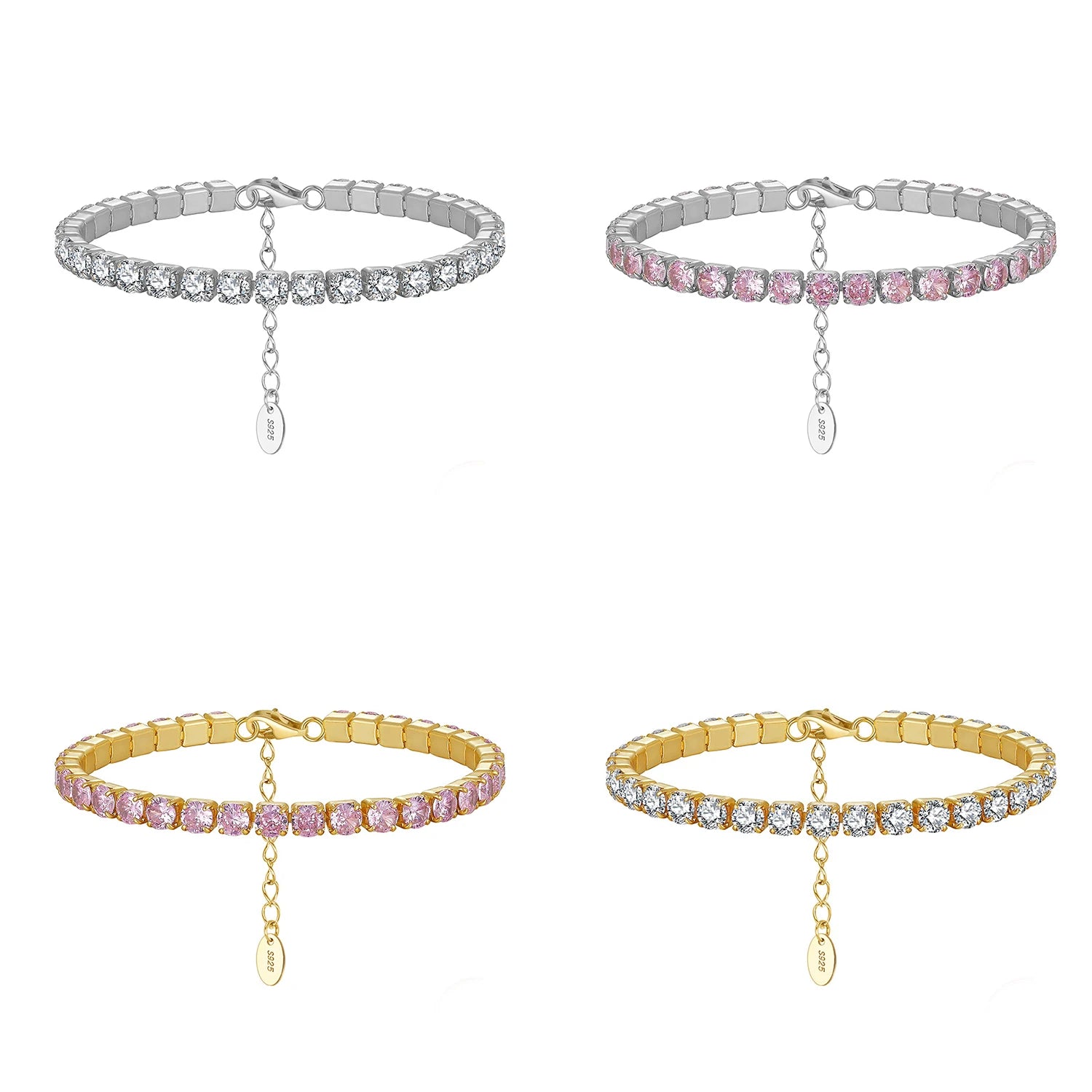 14K Gold Plated Adjustable Tennis Bracelet - 925 Sterling Silver 4.0mm Colorful CZ Hypoallergenic Dainty Chain Jewelry Gift