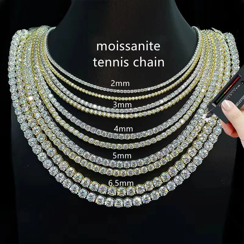 Moissanite Round Brilliant Cut Tennis Chain Necklace Hip Hop 925 Sterling Silver with Gold/Silver/Rose Gold Plating Unisex