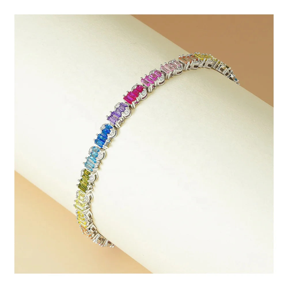 Summer 2025 Trendy Rainbow Tennis Bracelet Full Baguette Cut Colorful Zircon Diamond Jewelry for Women
