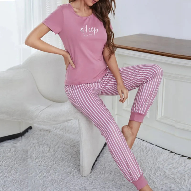 SFY-YH0001 New Arrival Wholesale Women'S Homestays Pajamas Set 2Pcs Printed Halting Top + Pants Set Women'S Casual Pajamas Set