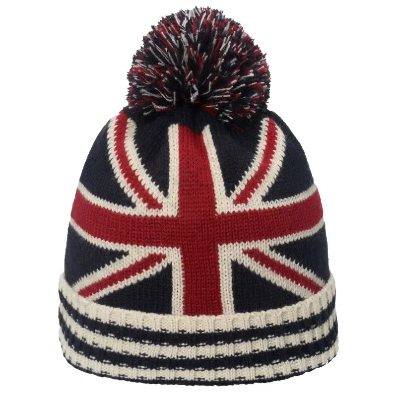 Winter Knit UK Flag Union Jack Warm Beanie Hat Slouchy Beanie With Pom Pom