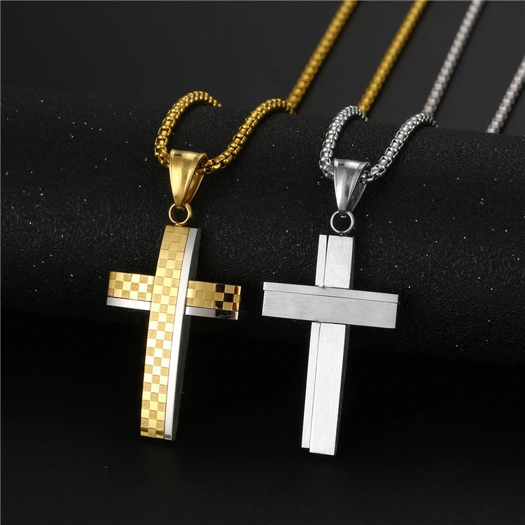 Men's Mosaic Cross Necklace Pendant 316L Stainless Steel Religious Jewelry