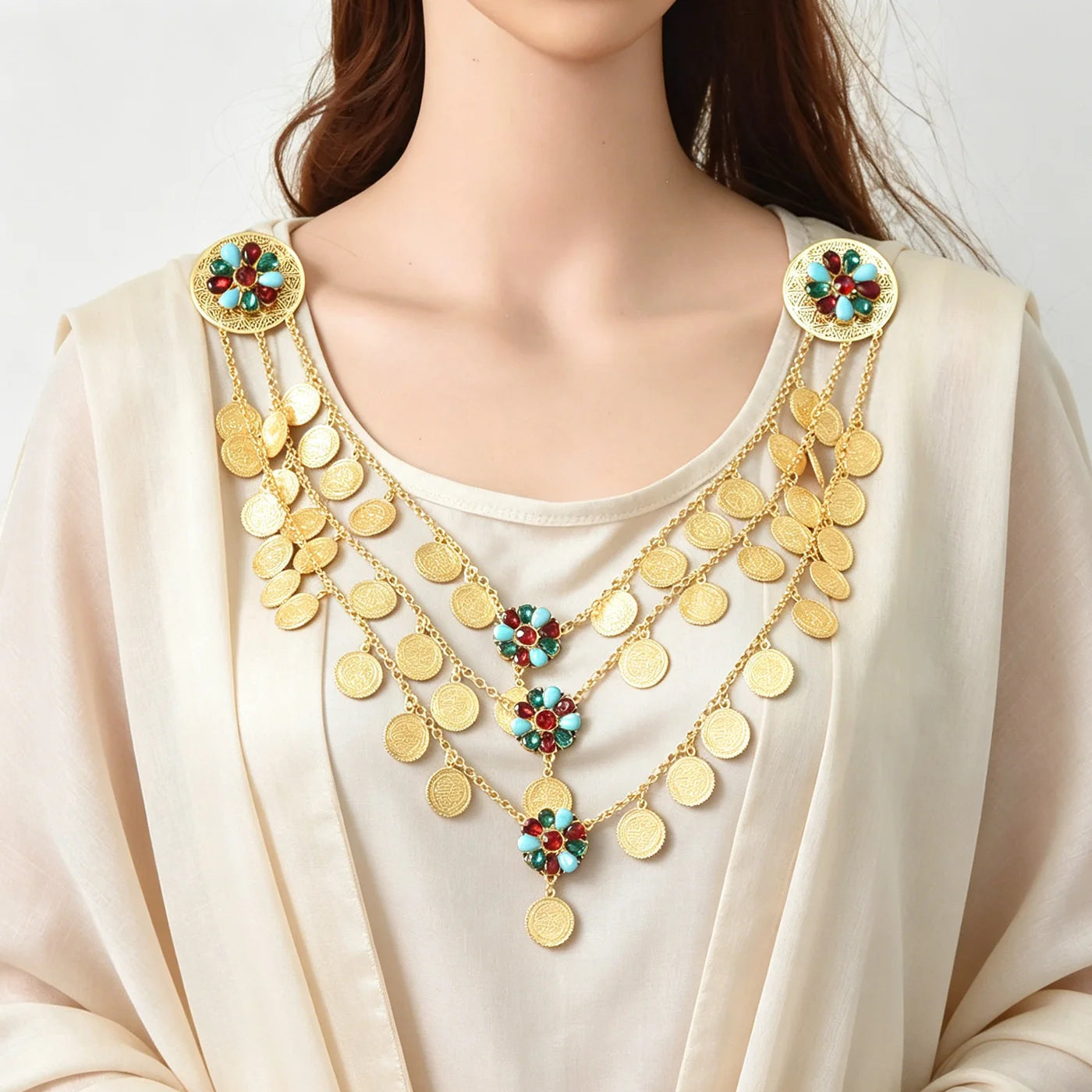 3 Layers Women Shoulder Chains Brooch Coins Pendant Statement Body Jewelry Neck Pendant Gold Plated