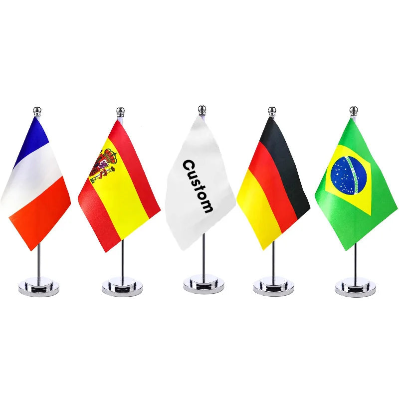 Stainless Steel Table Mini Flags Office Decoration  Double Side Printed Custom logo National Country Table Flag Stand