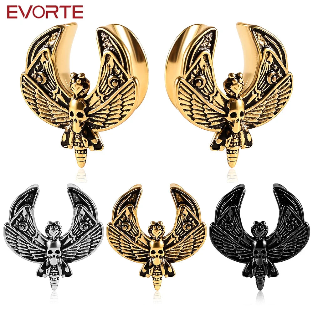 Evorte 10pcs Children's Gold Plated Cool Moth Saddle Ear Plugs Tunnels Stainless Steel Earrings Gauges Body Piercing Jewelry