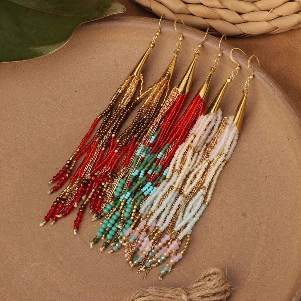 Vintage Ethnic Style Long Tassel Earrings Fashion Boho Exaggerated Colorful Seed Bead Earrings for Women