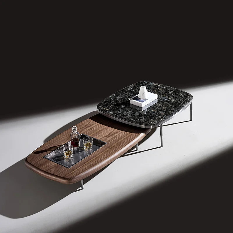 YSS Hot Sales Walnut Rectangular Telescopic Coffee Table Minimalist Villa Marble Combi with Square Ornament Stone Material