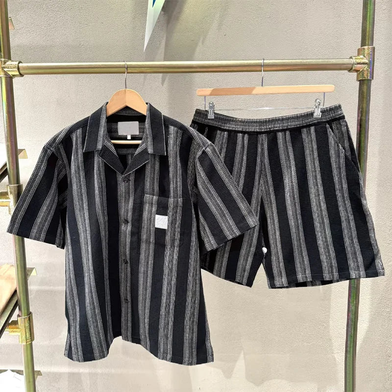 YUCHEN Summer Men's Plus Size Casual Striped Print Single-Breasted Short-Sleeved Shirt Shorts 2-Piece Set Street Camouflage