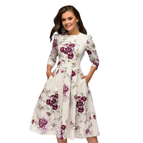 RNSHANGER Women Elegant A-line Midi Dress Vintage Printing Party Dresses Long Sleeve Women Spring Casual Dress