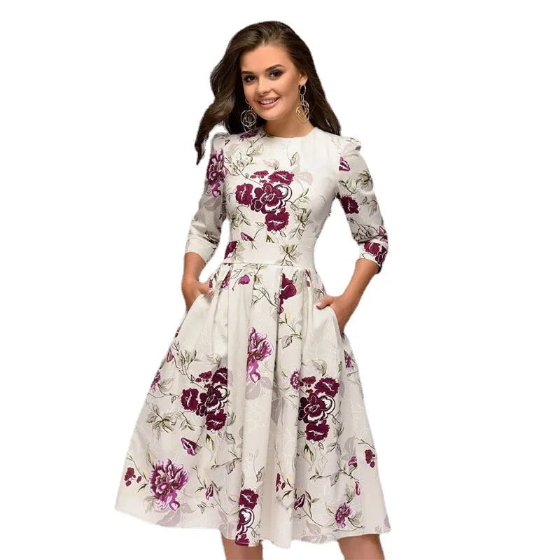 RNSHANGER Women Elegant A-line Midi Dress Vintage Printing Party Dresses Long Sleeve Women Spring Casual Dress