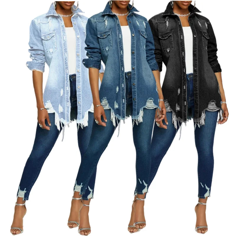 SMR9642 New Arrival Autumn Denim Jacket Women Turn-down Collar Long Sleeve Denim Coat Women Single Breasted Denim Trench Coat