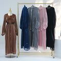 Loriya EID 2pcs Abaya Set Puff Sleeve Shiny Beads Open Abaya Long Sleeve Matching Inner Women Dress Modest Fashion Set Abaya