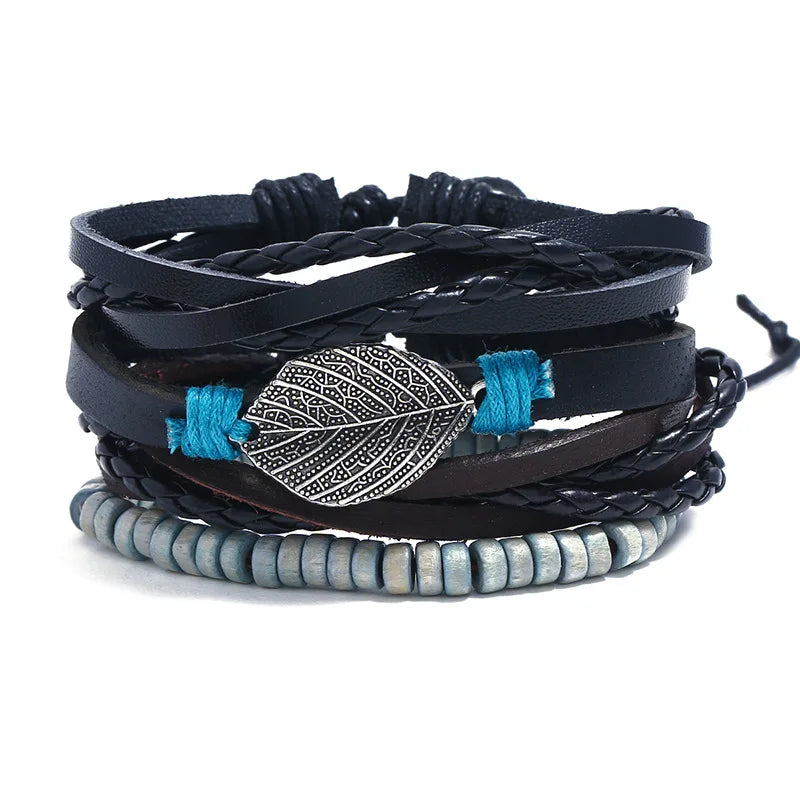Men's Simple Vintage Punk Style Leather Bracelets & Bangles Set Fashion Jewelry 4 Pcs