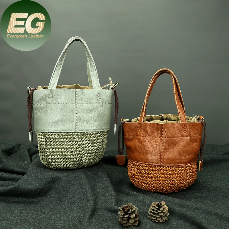 EMG6994 Bag Custom Logo Woven Genuine Leather Rattan Gift Firm Crochet Vintage Designer Beach Women's Bucket Bags