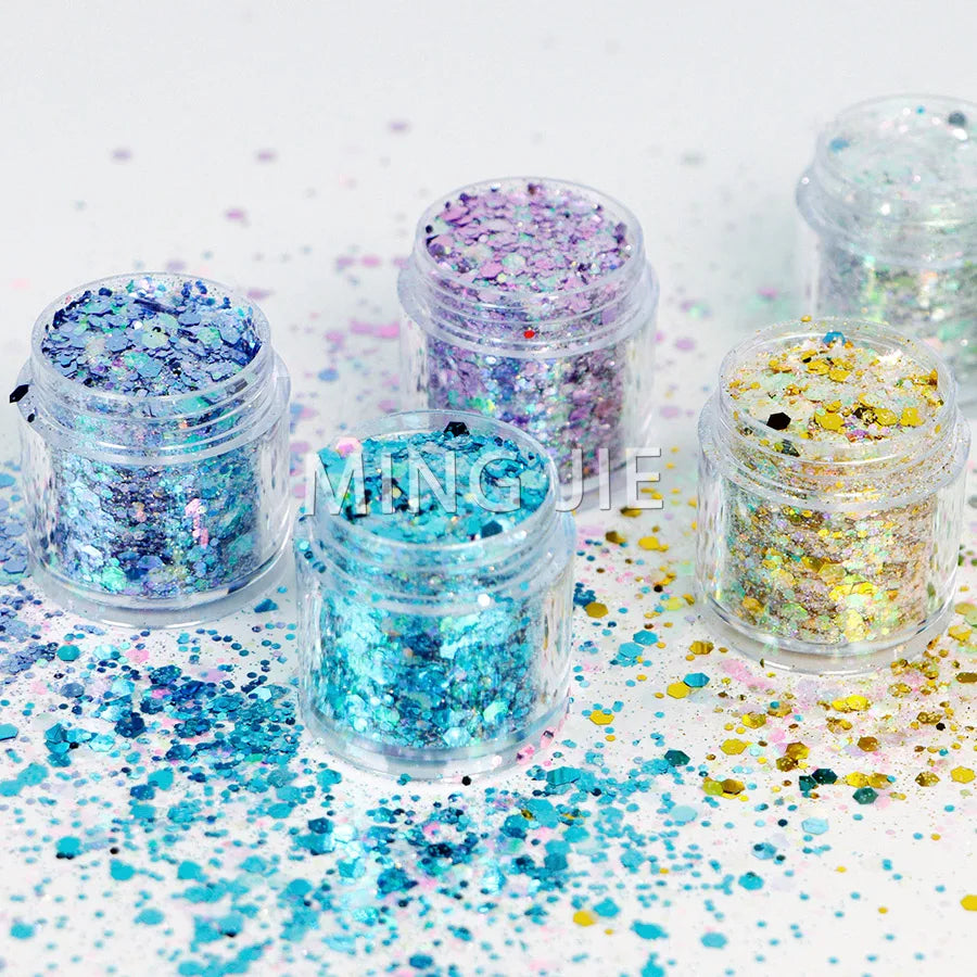 Eco-Friendly 1KG Bulk Package of Chunky Gold Pink Nail Glitter Mix Polyester Bright Colors Shaped Model Number