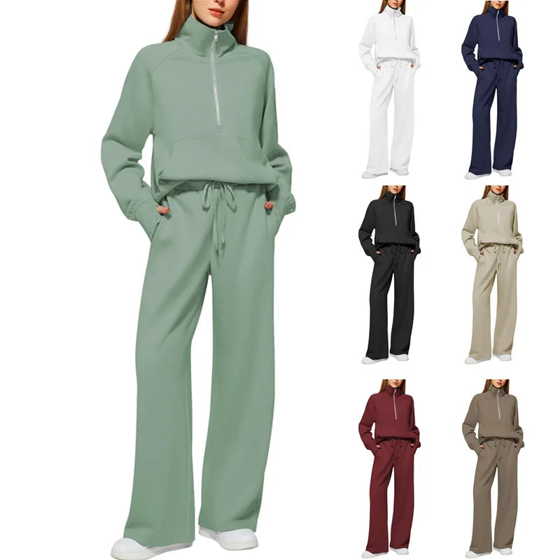 2025 Autumn Winter Two-Piece Casual Fashion Oversized Zip Cotton Sweatshirt Wide-Leg Sweatpants Sports Daily Wear