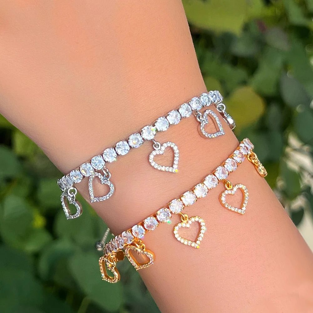 Women Heart Design Chain Tennis Bracelets Adjustable Size Cubic Zircon CZ Stone Wrists Wedding Party Jewelry