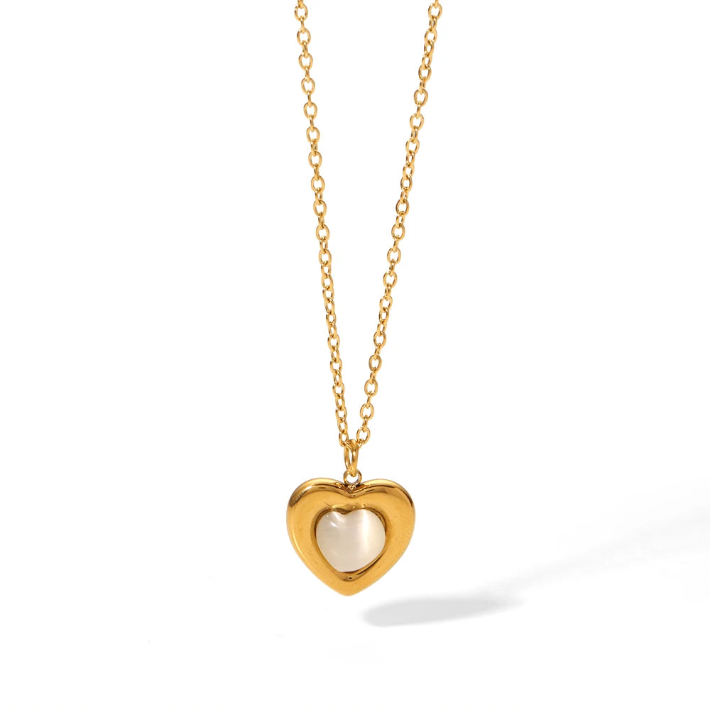 Fashion Minimalist Classic Stainless Steel 18K Gold Plated Pearl Shell Love Heart Pendant Necklace Link for Unisex Anniversary