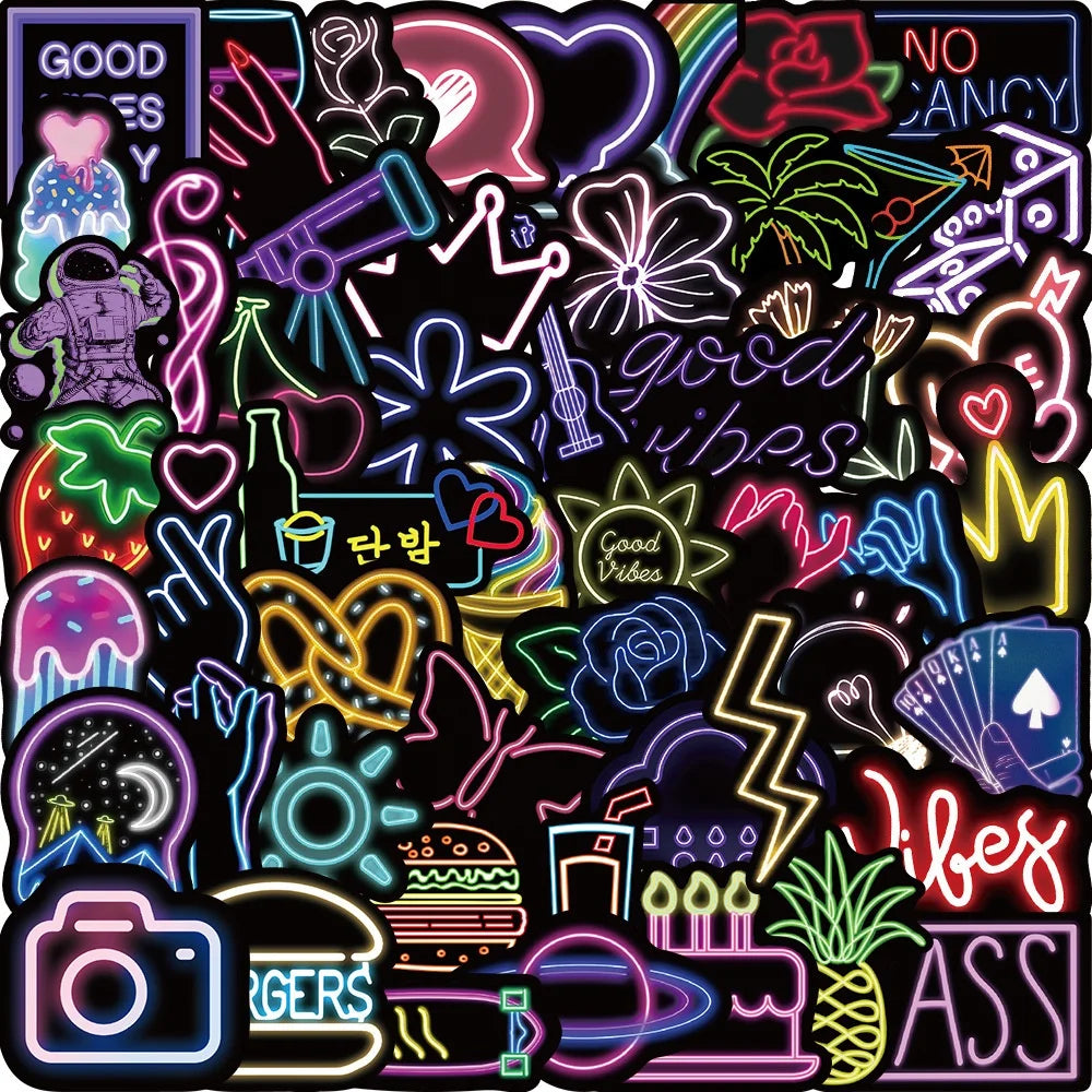 Vi-50pcs New Personalized Cartoon Neon Light Sticker Pack for Laptop Luggage Notebook Guitar Vinyl Decorative Sticker