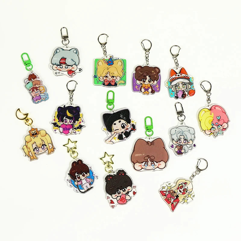 CNAWO Customizable Double Acrylic Holo Charm Epoxy Glitter Plastic Keychains Anime Holographic Transparent Design Custom Alloy
