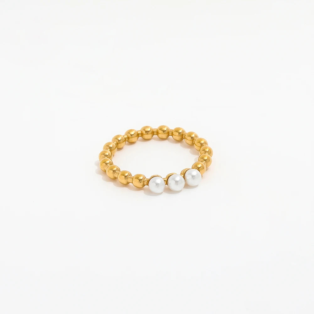 High End 18K Gold Plated Fresh Water Three Pearl Beads Rings Stainless Steel Jewelry Trendy Finger Ring