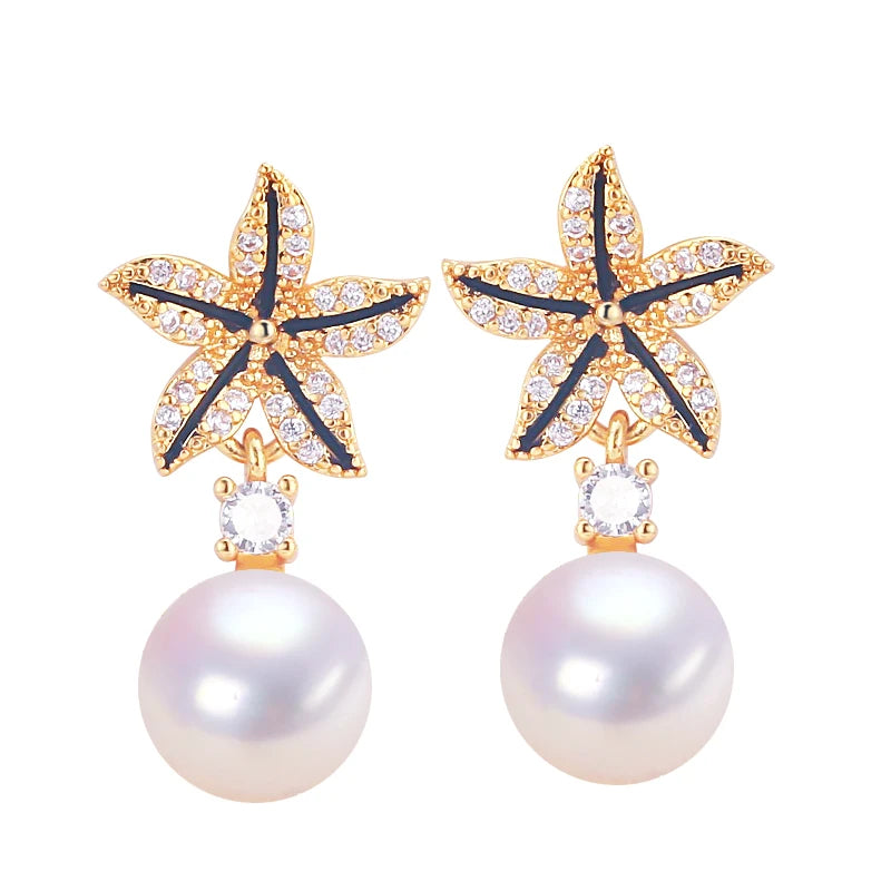Women's Wholesale Zircon Starfish Stud Earrings with Natural Freshwater Pearl Jewelry Accessory