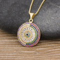QIKU New Design Turkish Eye Round Pendant Trendy Girl Micro Pave Zircon Lucky Jewelry Colorful Necklace Best Birthday Party Gift