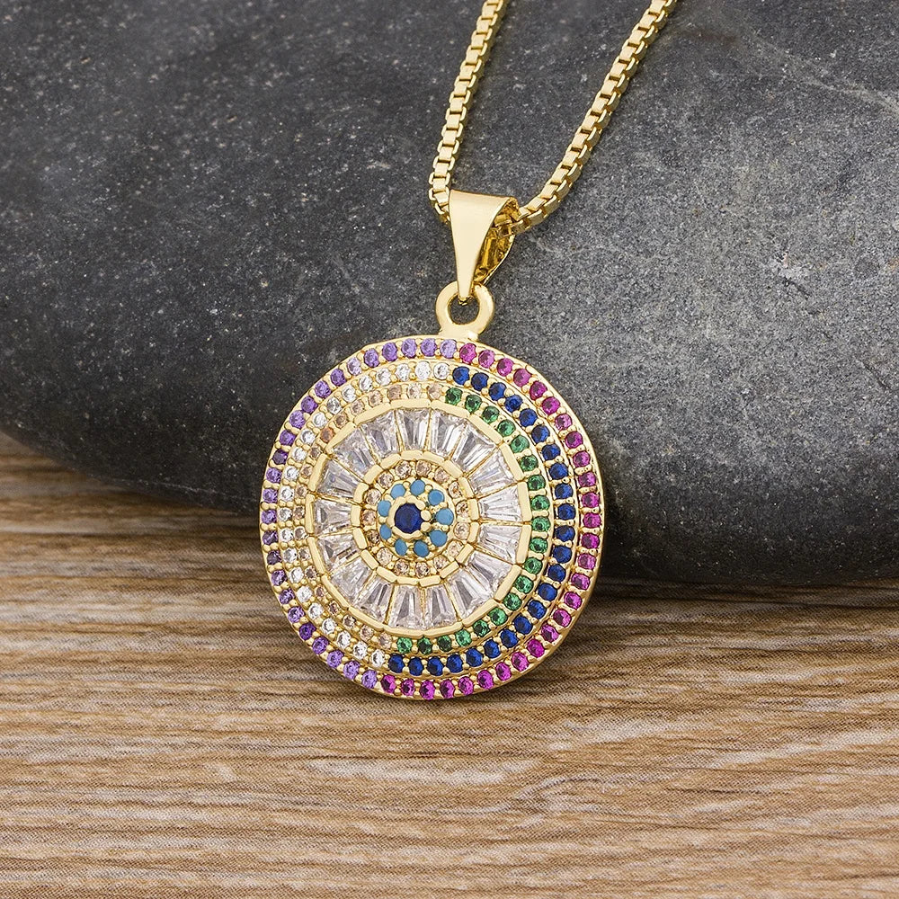 QIKU New Design Turkish Eye Round Pendant Trendy Girl Micro Pave Zircon Lucky Jewelry Colorful Necklace Best Birthday Party Gift