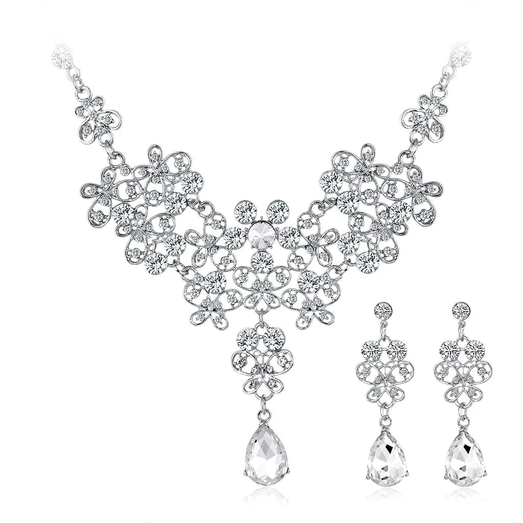 Butterfly White Rhinestone Flower Custom Diamond Wedding Necklaces Earring Fashion Fine Jewelry Bridal Necklace Sets for Women