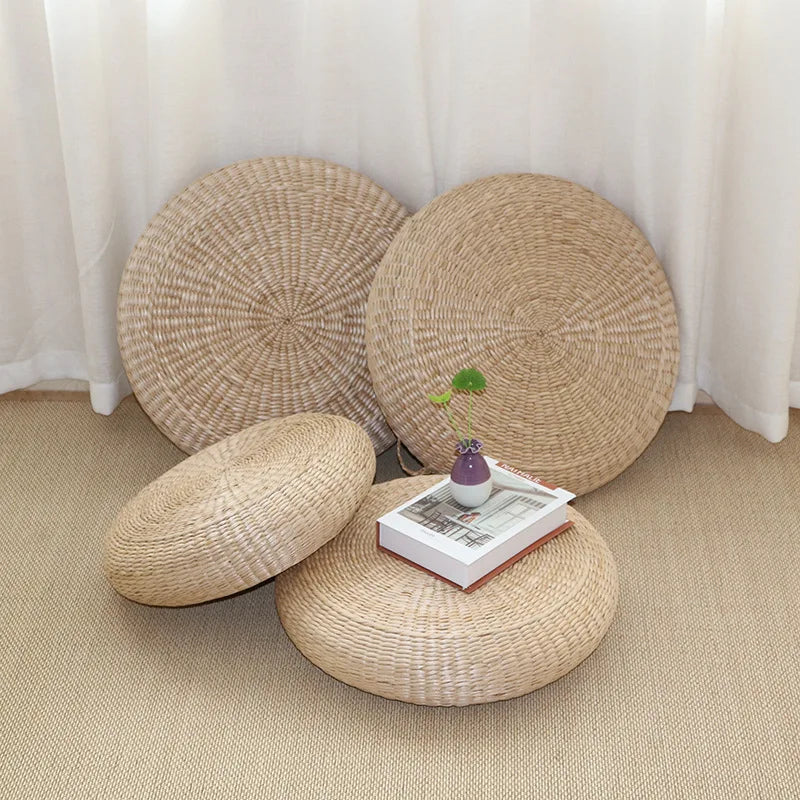 Japanese Style Pu Tuan Weaving Floor Seating Cushion With Handle Portable Outdoor Meditation Stadium Seat Cushion