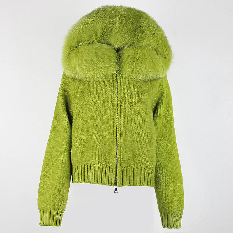 OFTBUY 2025 Women's Winter Autumn Short Knitted Outwear Sweater Casual Hooded Real Fox Fur Collar Zipper Warm Jacket Breathable