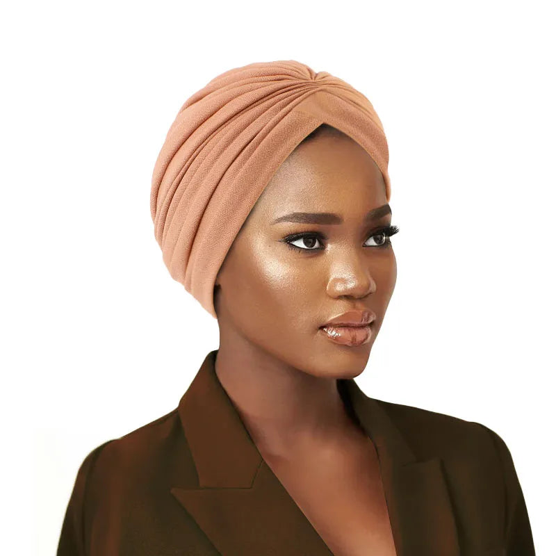 Wholesale Custom Logo Hair Accessories Solid Color Turbans Polyester Spandex Ruffle Muslim Turban Head Wrap for Women
