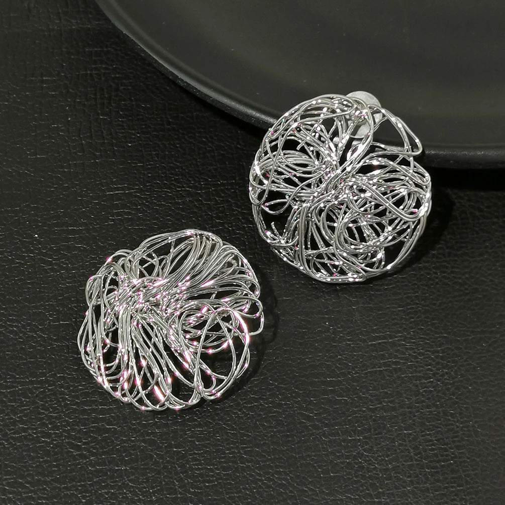 European American Metal Circular Earrings Women Retro Design Handmade Mesh Weaving Gold Plated Drop Earrings Accessories