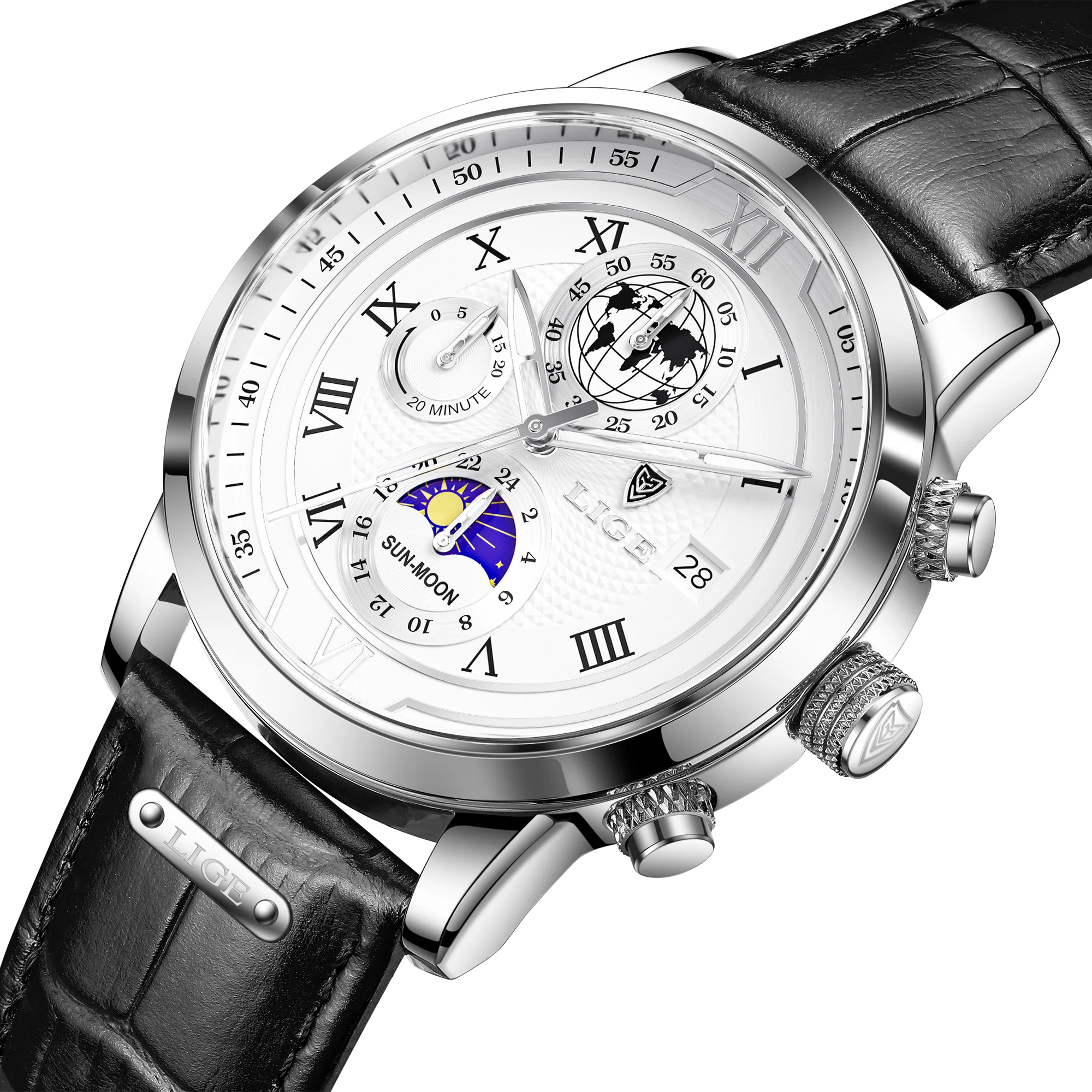 LIGE LG8974 OEM White Face Waterproof Wrist Watch Sport Leather Fast Shipping Chronograph Moon Phase Dial Quartz Watch for Men