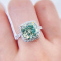10K White Gold Cushion Cut Halo Diamond Engagement VVS Green Moissanite Ring