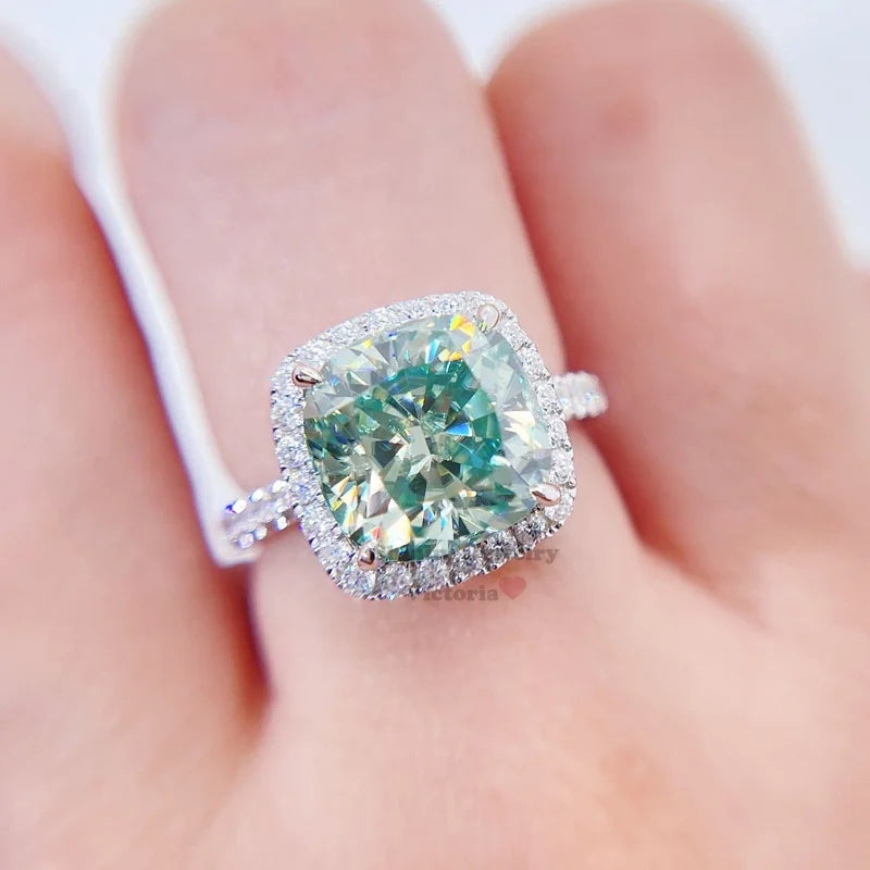 10K White Gold Cushion Cut Halo Diamond Engagement VVS Green Moissanite Ring
