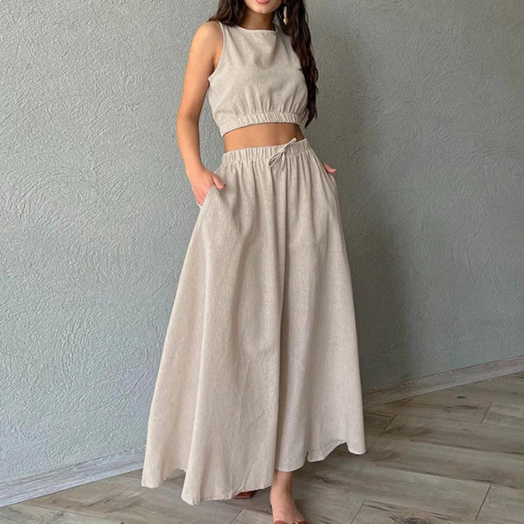 Enyami Custom High-Quality Summer Ramie Vest Casual Two-Piece Cotton Linen Sleeveless Cropped Top Maxi Skirt Women Set